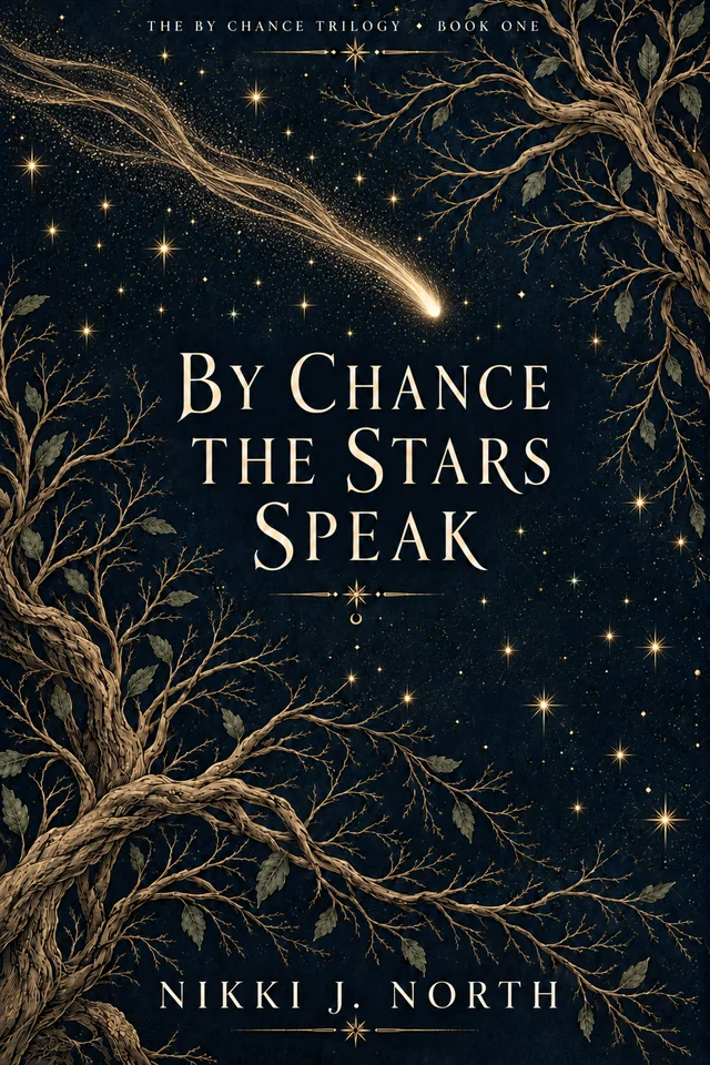 By Chance the Stars Speak by Nikki J. North. A golden comet and engraved branches against a midnight-blue sky.